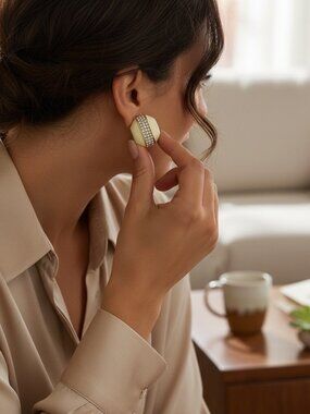 Vintage Ciner Geometric Clip-On Earrings — Cream Enamel & Pavé Rhinestones